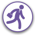 Small circular image with a walking icon wearing a tie and carrying a suitcase. 